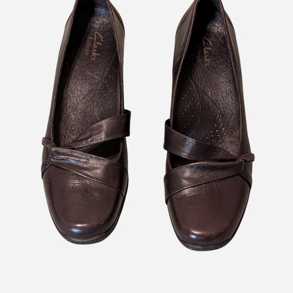 Clarks Artisan Brown Leather Mary Jane Heels Size 8.5N Narrow Comfort Block Heel - Picture 2 of 4